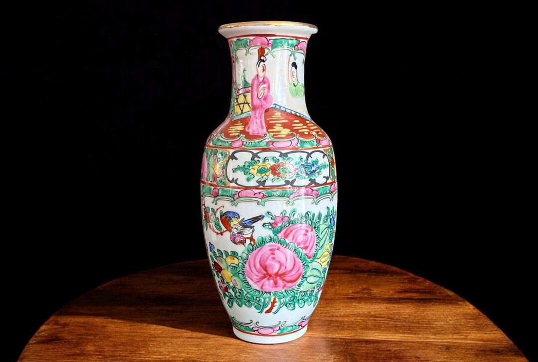 Famille Rose Canton Vase Gold Rim C.L.S. Hand Painted 8” Vintage Hong Kong - Etsy | Etsy (US)