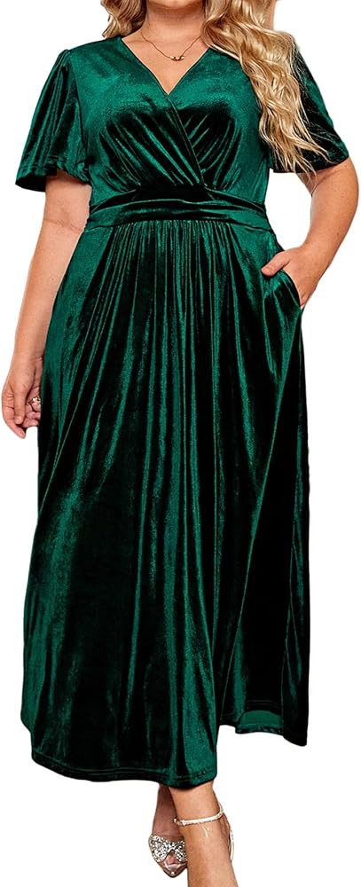 BerryGo Womens Wedding Guest Velvet Formal Dress High Waisted Maternity Maxi Dress Short Sleeve V... | Amazon (US)