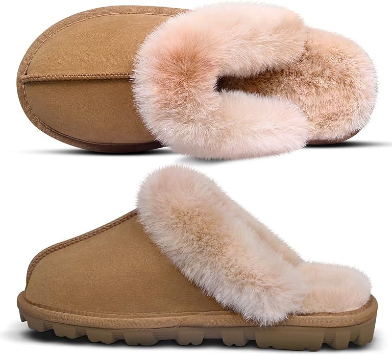 Womens Fuzzy Outdoor House Slippers Super Soft Fur Slip On Slippers Cozy Plush Faux Fur Scuff Sli... | Amazon (US)