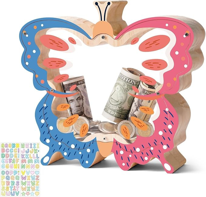 Wooden Piggy Bank for Kids, Corolful Butterfly Money Box with Acrylic Panels for Girls, Unbreakab... | Amazon (US)