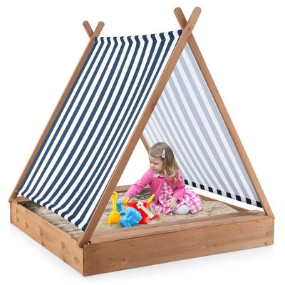 Costway Wooden Sandbox with Canopy Tent Design Fir Wood Frame 2 Bench Seats Bottom | Target