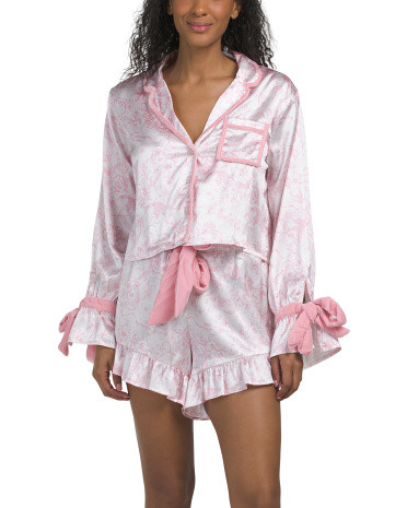 2pc Satin Ruffle Bow Top And Shorts Pajama Set | TJ Maxx