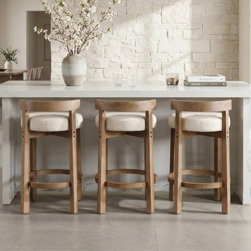 LukeAlon Mid Century Linen Counter Stools Set of 3, Upholstered 26.5" Seat Height Low Barstools w... | Amazon (US)