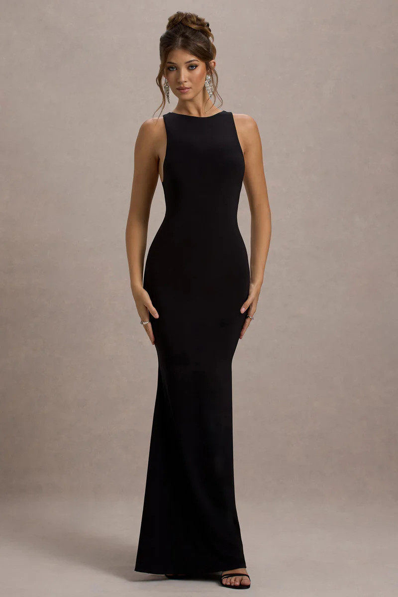 Odelle  Black Boat-Neck Racer-Back Maxi Dress | Club L London
