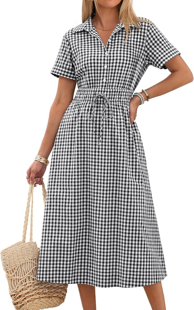 ANRABESS Women Summer Short Sleeve Midi Dress, Striped & Gingham, Casual A-Line Button Collar Shirt Dress, Beach & Vacation | Amazon (US)