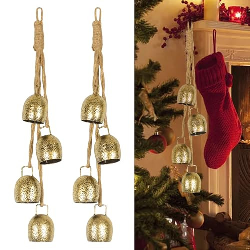 KIKUSUI Christmas Decorative Bells(2-Piece Set), Tibetan Inspired Meditation Bell, Christmas Bells with 4 Bells on Jute Hanging Rope, 3" x 2" x 17" | Amazon (US)