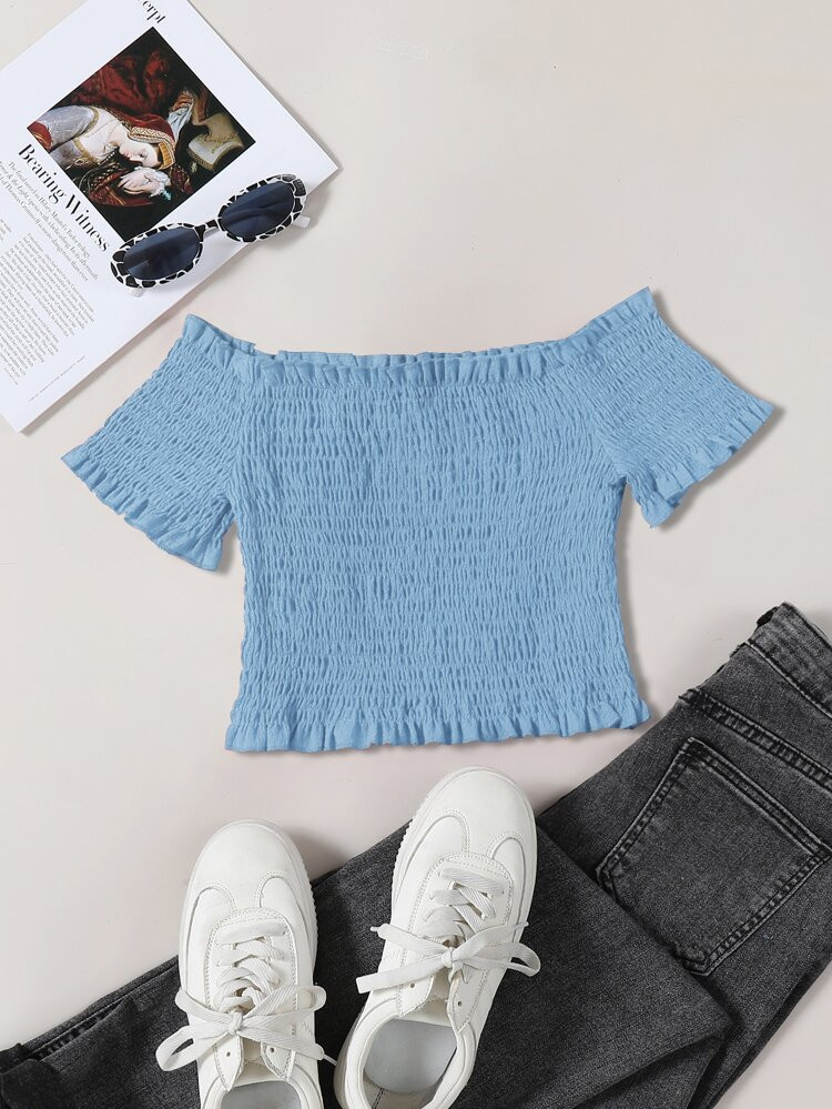 Shirred Frill Bardot Top | SHEIN