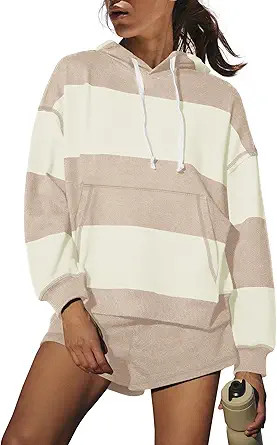 LAMISSCHE Womens Sweatsuits 2 Piece Set Striped Lounge Set Oversized Hoodie And Shorts Sets Airpo... | Amazon (US)