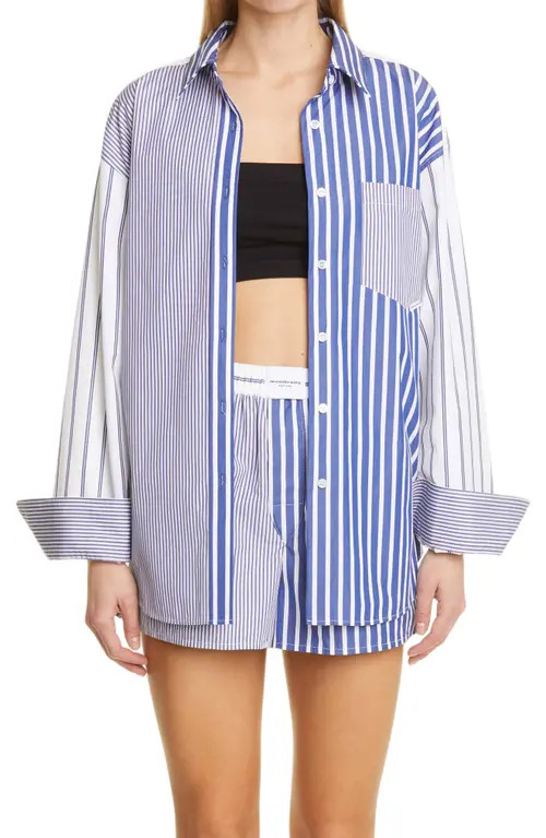 alexanderwang.t Mixed Stripe Cotton Button-Up Shirt in Navy/White at Nordstrom, Size X-Small | Nordstrom
