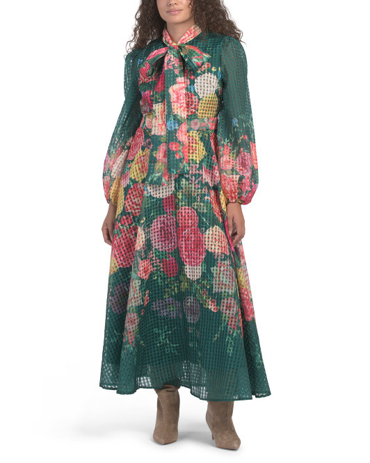 Balloon Sleeve Tie Neck Floral Maxi Dress | TJ Maxx