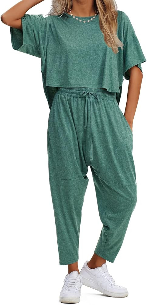EXLURA Women's Summer 2 Piece Outfits Short Sleeve Crop Top and Jogger Pants Loose Pajama Lounge ... | Amazon (US)
