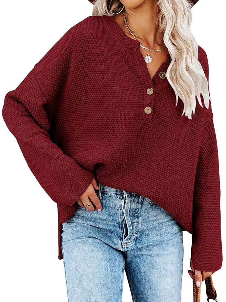 Nigaga Women's Long Sleeve V Neck Button Knit Fall Pullover Sweaters Casual Jumper Tops | Amazon (US)