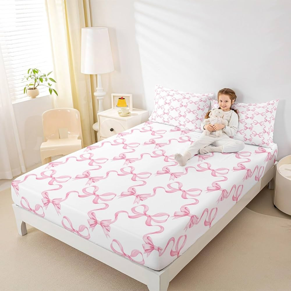 Pink Bowknot Fitted Sheet Princess Style Watercolor Bow-tie Bed Sheet Set for Kids Teens Fairy Ta... | Amazon (US)