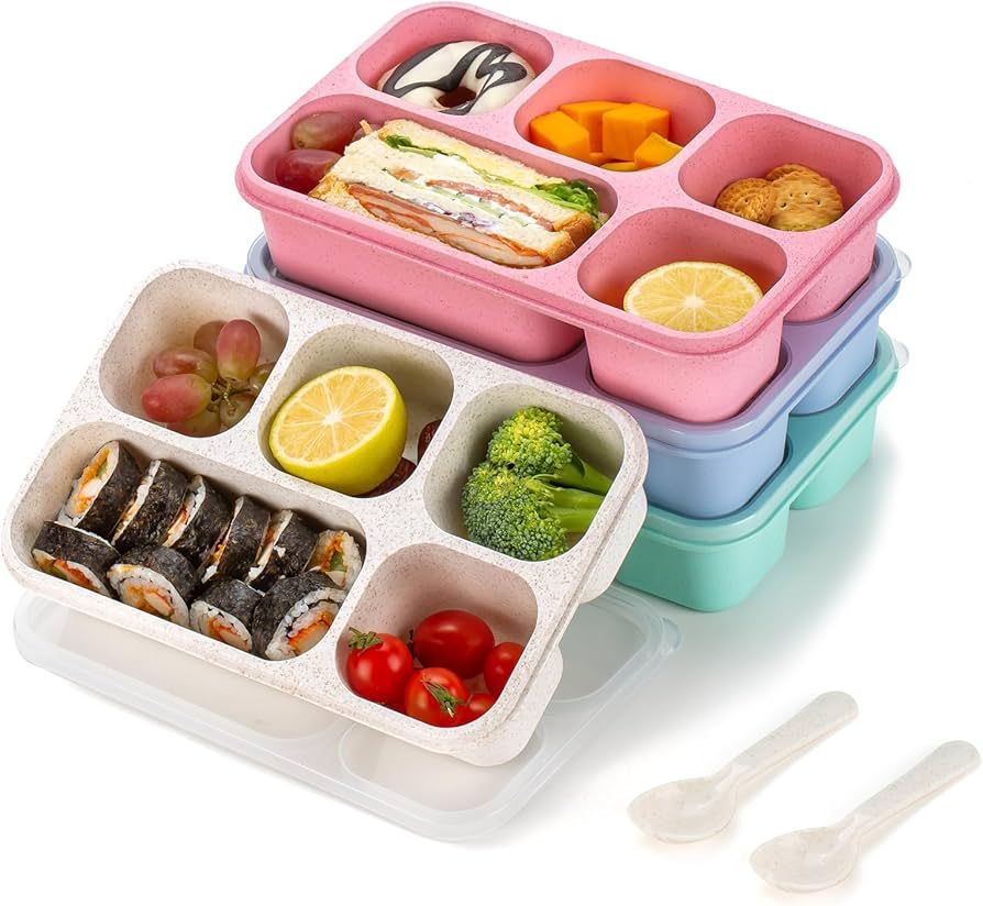 4 Pack Bento Box Adult, Lunch Box Containers with 5 Compartments, Wheat Straw Snack Containers fo... | Amazon (US)