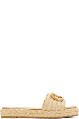 Beige & Gold Valentino Garavani VLogo Slide Espadrilles | SSENSE