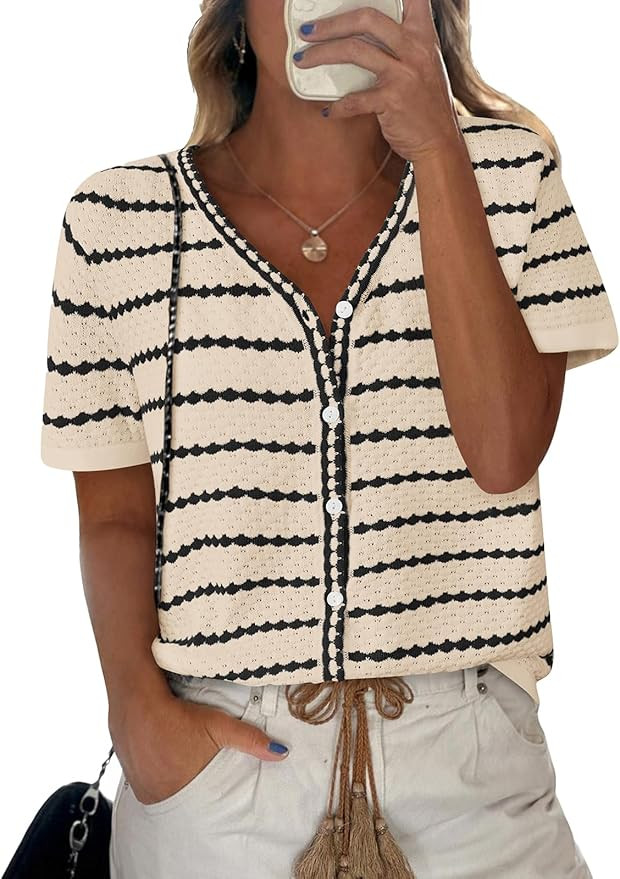 NALANISA Women's Trendy Spring Summer Tops 2026 V Neck Short Sleeve Sweater Crochet Knit Striped ... | Amazon (US)