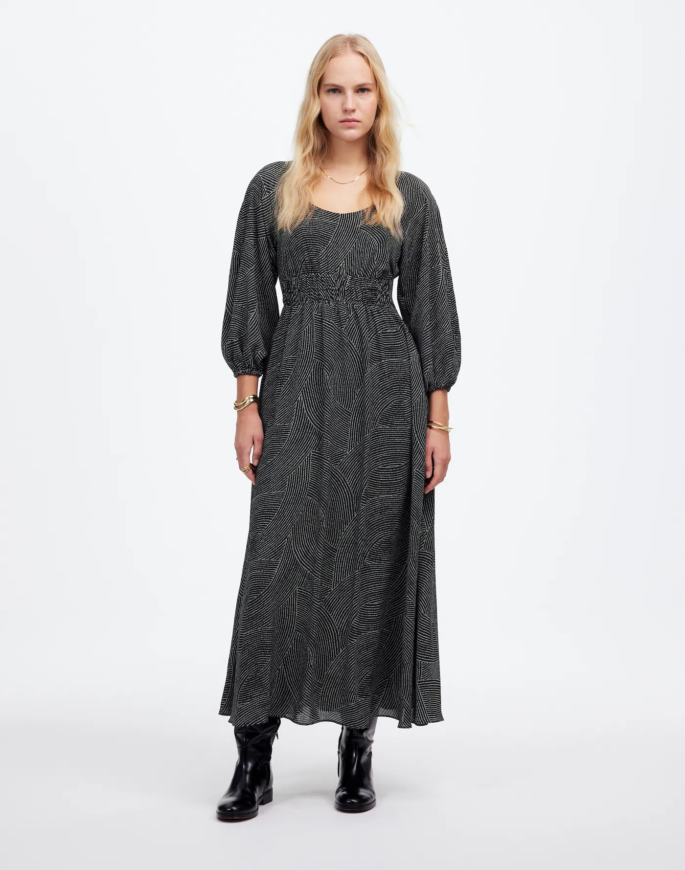 Balloon-Sleeve Ruched Midi Dress in Dot | Madewell | Madewell