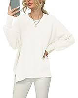LOGENE Women's Oversized Batwing Long Sleeve Crewneck Side Slit Ribbed Knit Pullover Sweater Tops | Amazon (US)
