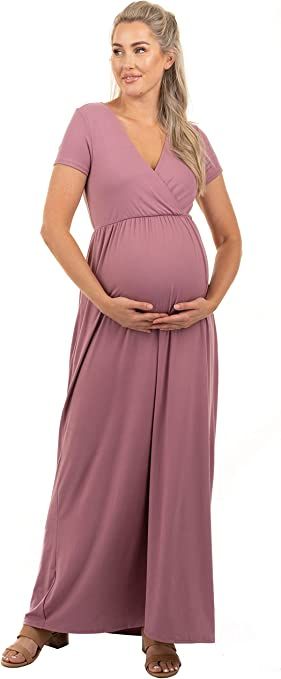 Mother Bee Maternity Short Sleeve Ruched Waist Faux Wrap Maxi Dress | Amazon (US)