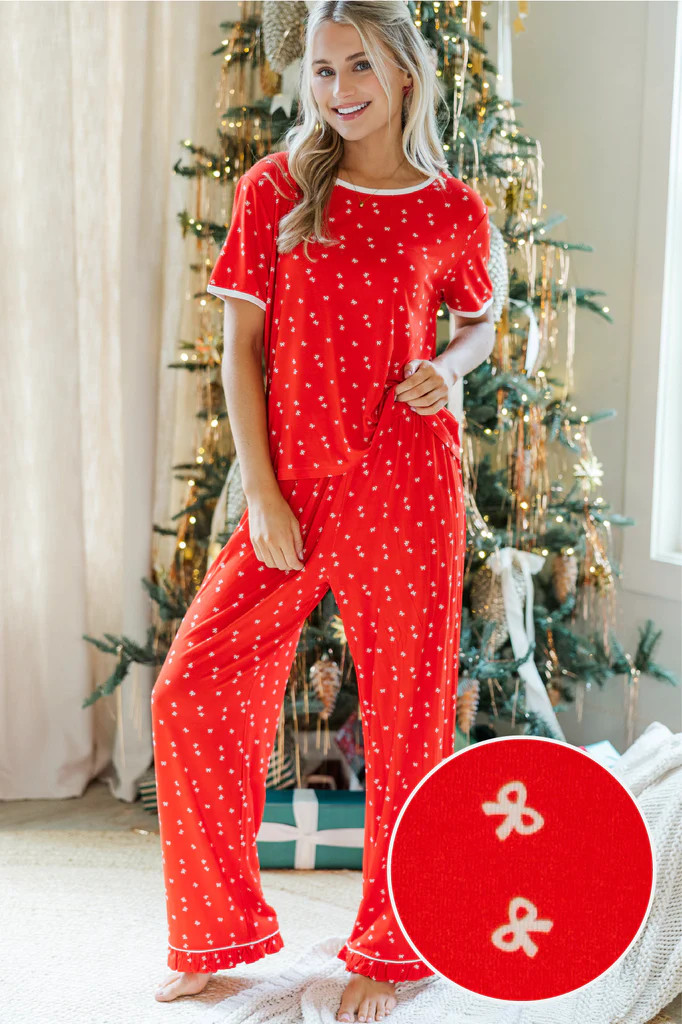 Stay Awhile Red Bow Print Bamboo Pajama Set | The Mint Julep Boutique