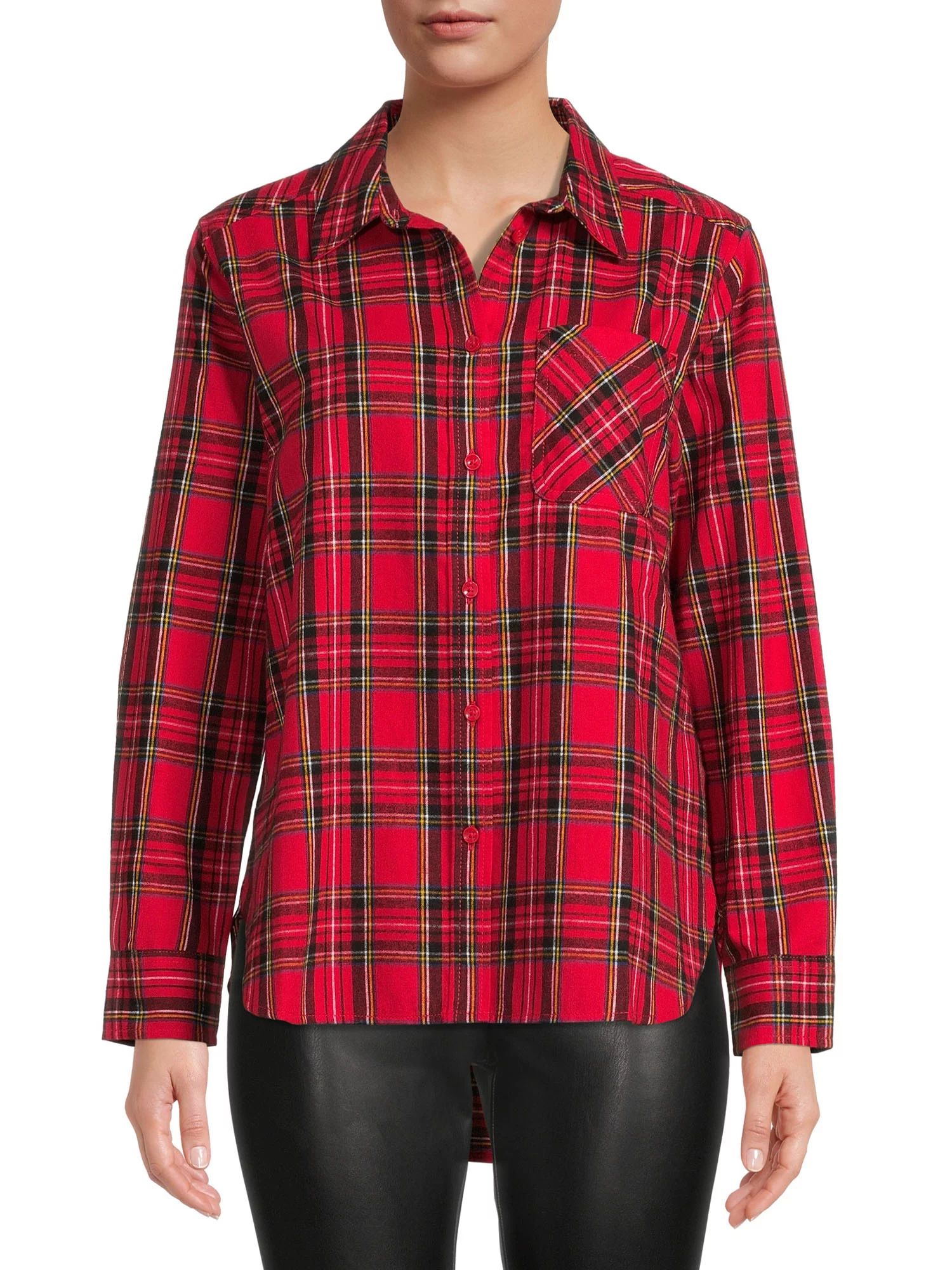 Time and Tru Women's Plaid Button Front Shirt - Walmart.com | Walmart (US)