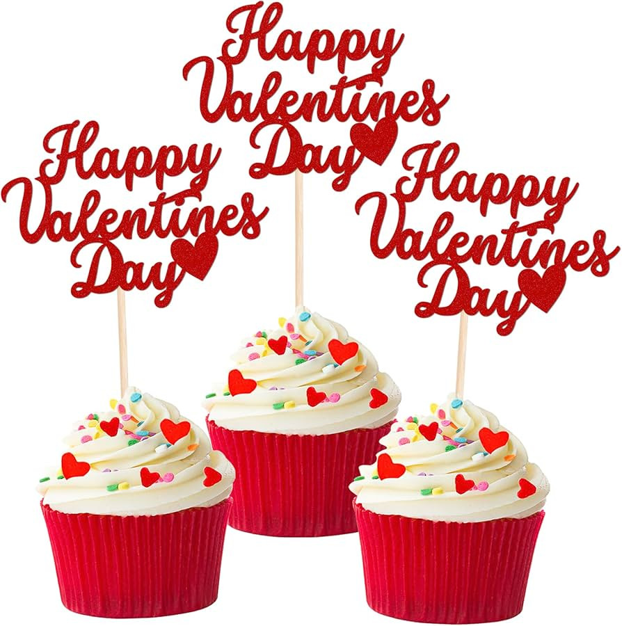 24 PCS Happy Valentine's Day Cupcake Toppers Glitter Sweet Love Be Mine Valentines Cupcake Picks ... | Amazon (US)