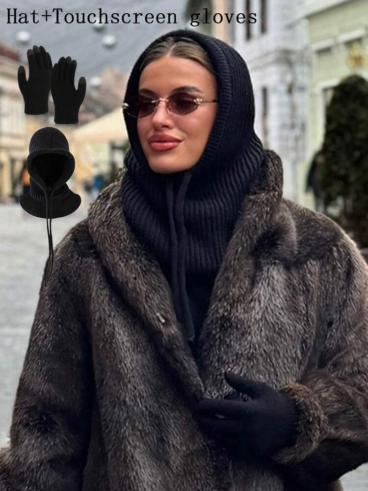 SHEIN ICON 1pc/2pcs Women Black Balaclava Hat With Drawstring Detachable Collar, Wool Blend Neck Warmer Ski Mask, Outdoor Winter Knit Face Cover Scarf Hood, Suitable For Cold Weather, Random Style Delivery, Christmas Gift | SHEIN