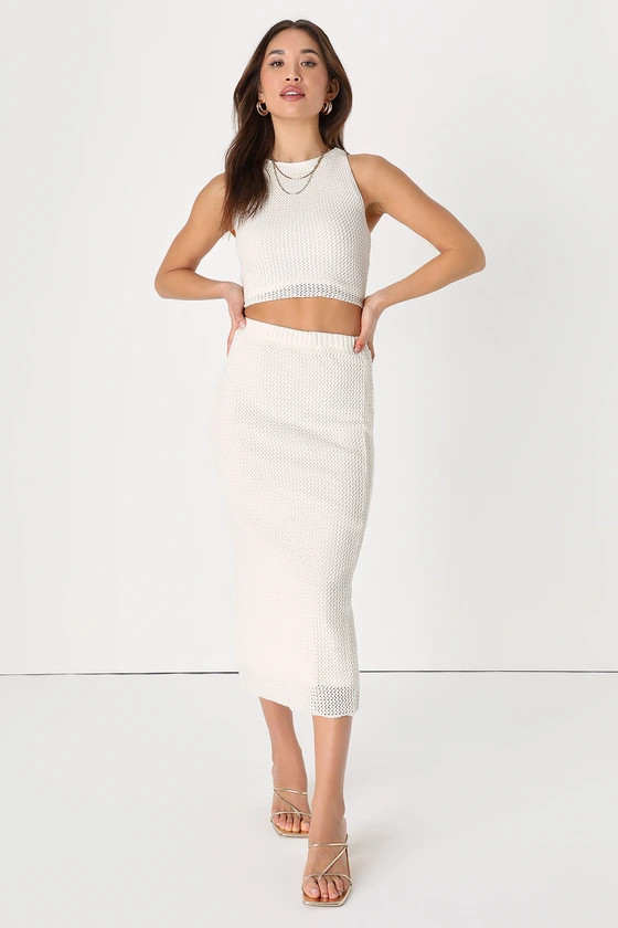 Sunny Radiance Ivory Crochet Lace-Up Two-Piece Midi Dress | Lulus