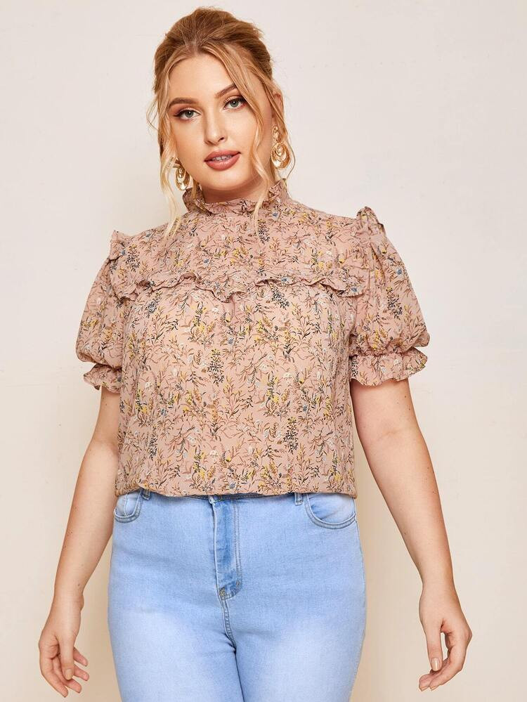 SHEIN Plus Frill Trim Puff Sleeve Ditsy Floral Top | SHEIN