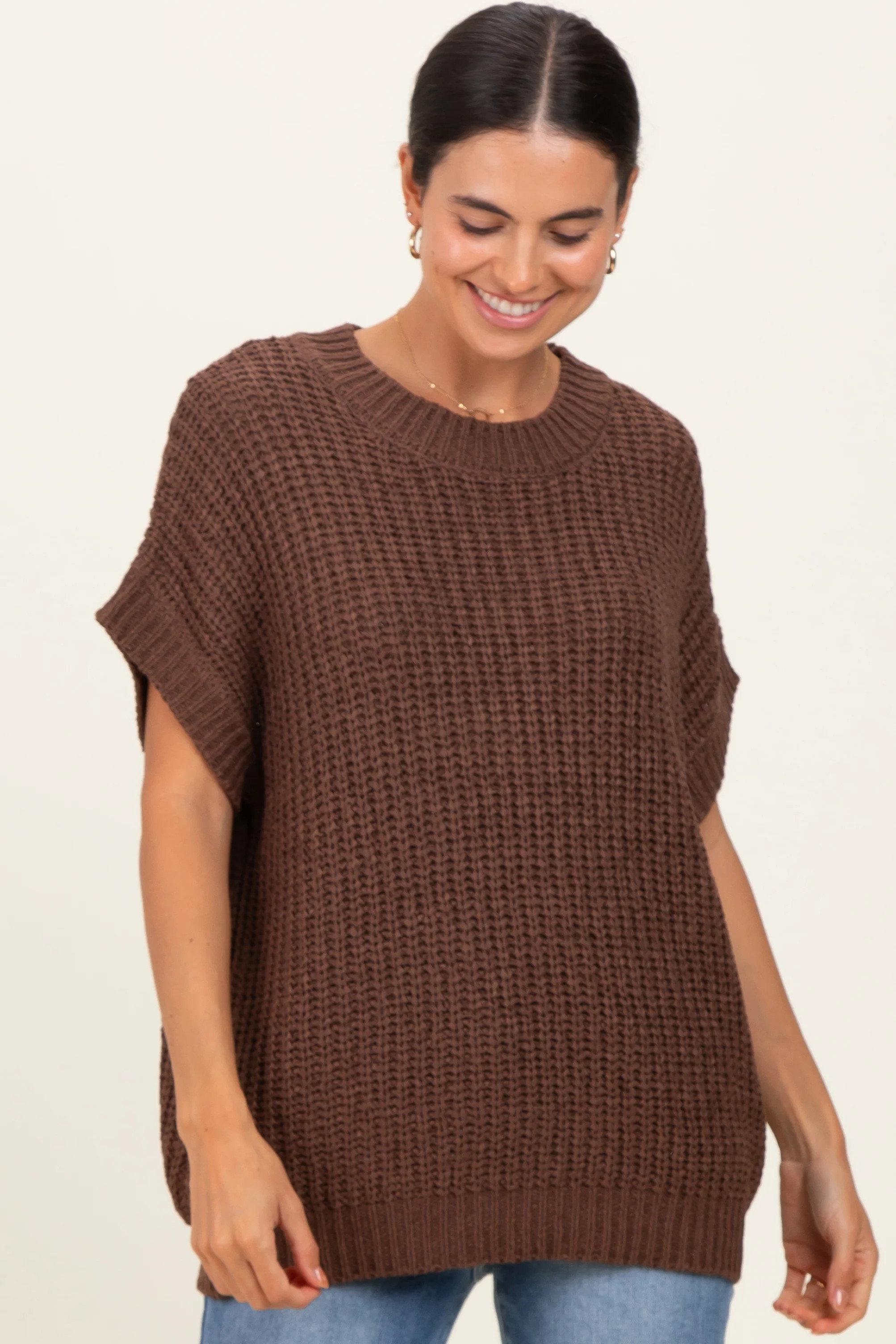 Brown Short Sleeve Round Neck Sweater | PinkBlush Maternity