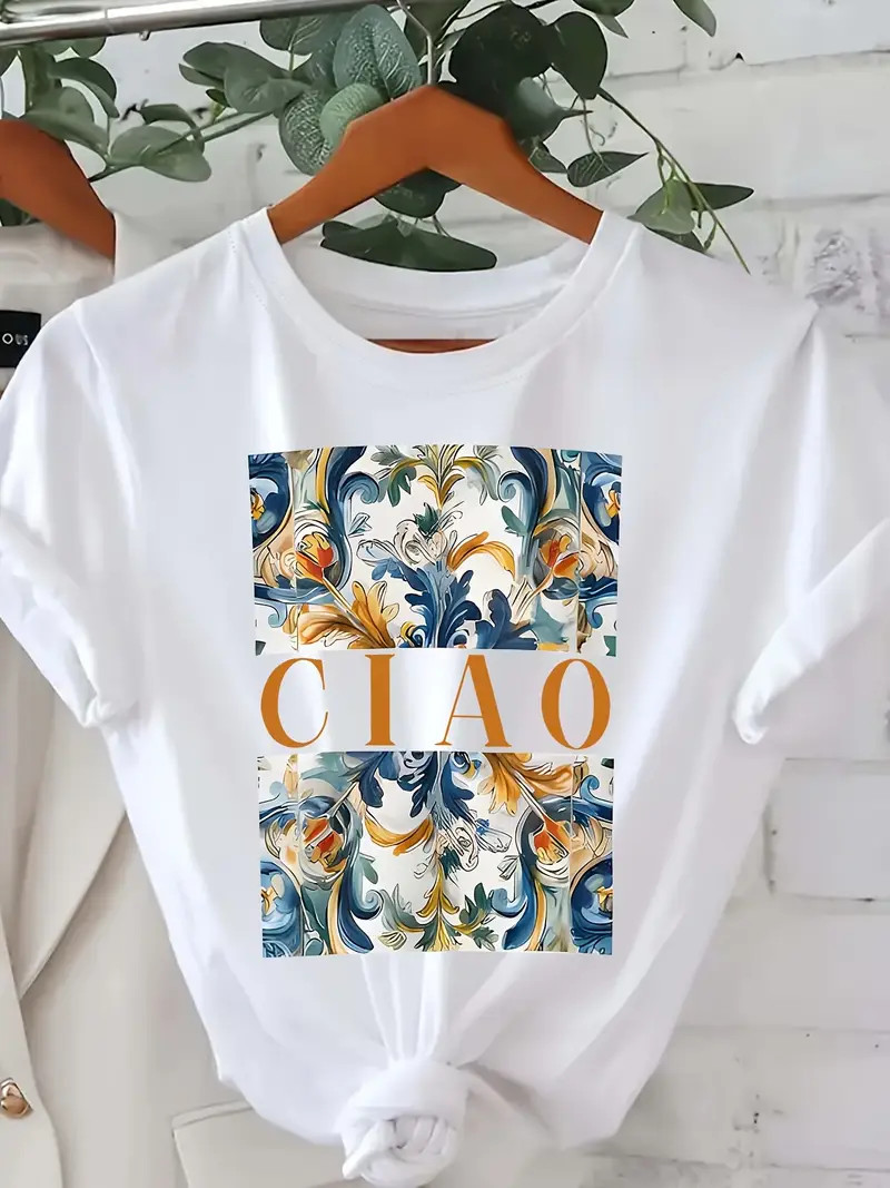 Ciao Letter Print T-shirt, Short Sleeve Crew Neck Casual Top For Summer & Spring, Women's Clothin... | Temu Affiliate Program