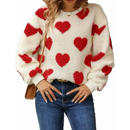 Sweaters for Women Valentine's Day Heart Printed Pullover Sweaters Warm Fuzzy Crewneck Sweaters Shermie | Walmart (US)