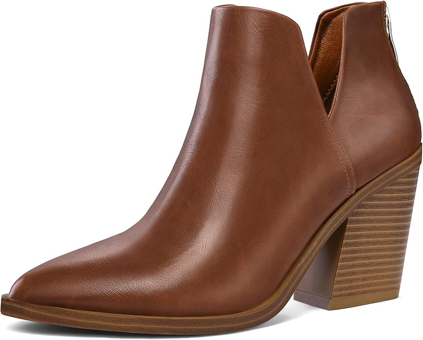 mysoft Women's Ankle Boots Slip on Cutout Pointed Toe Chunky Stacked Mid Heel Booties | Amazon (US)