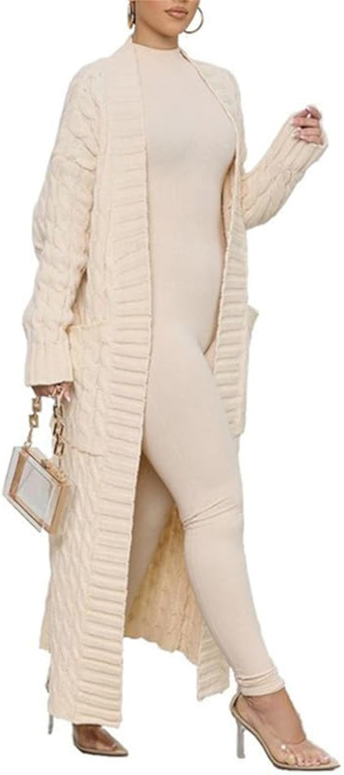 Womens Plus Size Long Cardigan Sweater Winter Chunky Open Front Cable Knit Long Sleeve Outerwear ... | Amazon (US)