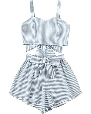 SweatyRocks Women's 2 Piece Outfits Summer Sleeveless Tie Back Crop Cami Top and Shorts Set | Amazon (US)