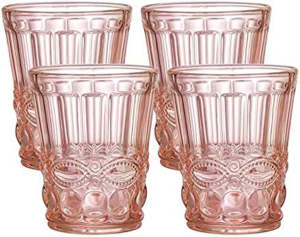 Colored Glassware, Pink Drinkware, Pink Glass Cups, Pink Glass Tumbler, Vintage Embossed Water Glass | Amazon (US)