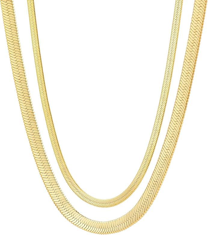Fiusem Gold Herringbone Necklace for Women, 14K Gold Plated Flat Snake Chain Necklace for Women, Gol | Amazon (US)