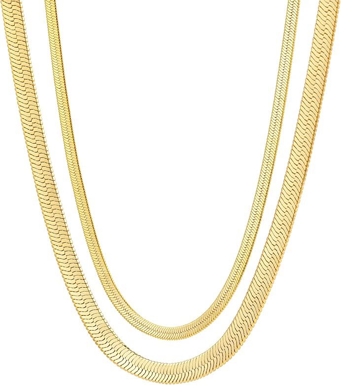 Fiusem Gold Herringbone Necklace for Women, 14K Gold Plated Flat Snake Chain Necklace for Women, Gol | Amazon (US)