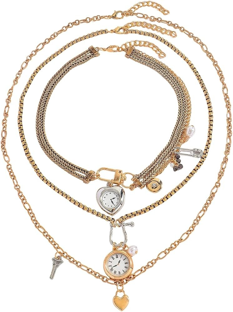 3pcs Multi-Strand Layered Clock Necklaces for Women, Chunky Braided Paperclip Stacked Chain Neckl... | Amazon (US)
