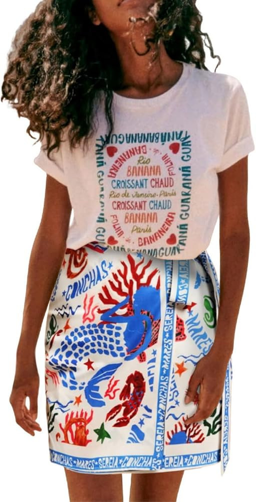 Womens Summer Floral Wrap Short Skirt Tie Side High Waist A Line Beach Vacation Boho Mini Skirt | Amazon (US)