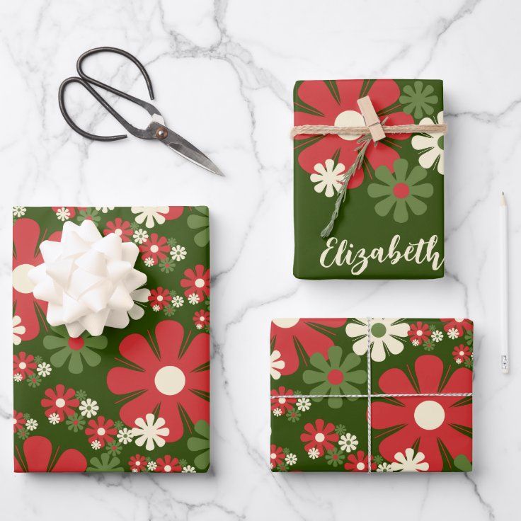 Personalized Retro Christmas 60s 70s Floral Wrapping Paper Sheets | Zazzle | Zazzle