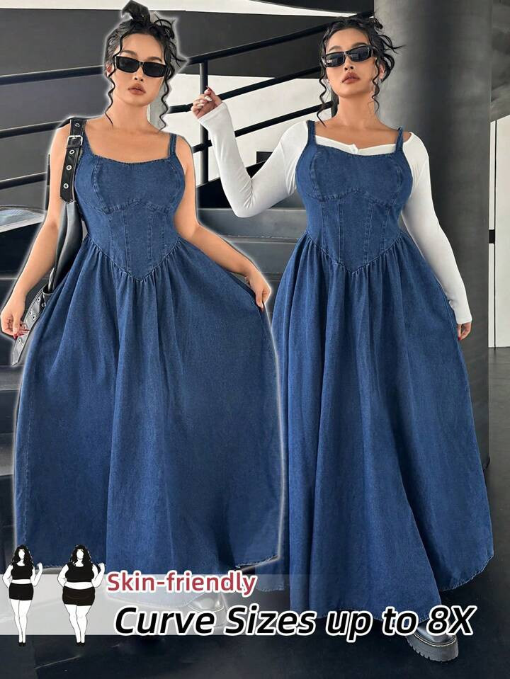 SHEIN CURVE+ Women's Blue Oversized Dress Long Suspender Dress Summer Resort Dresses | SHEIN
