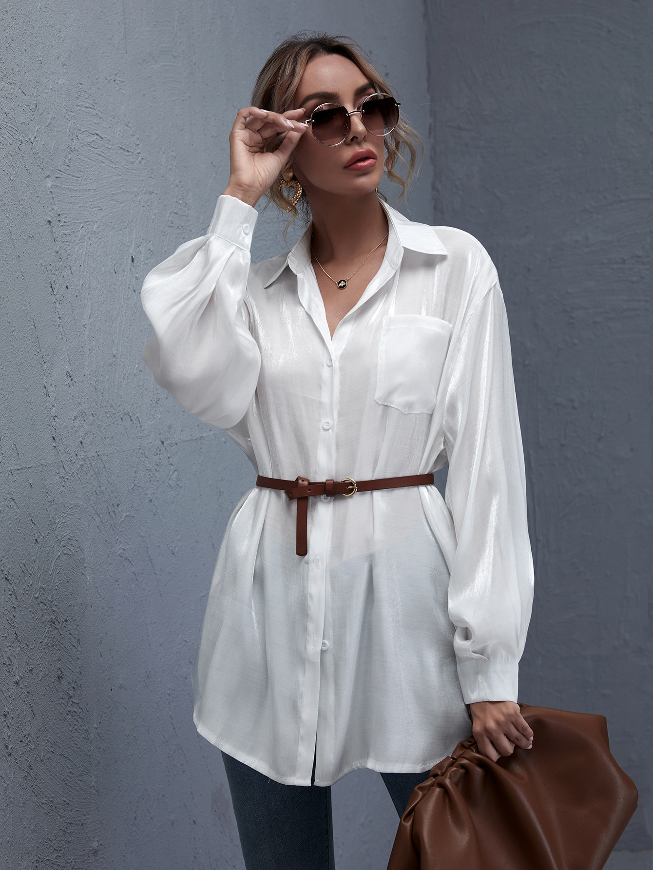 Patch Pocket Button Front Silky Longline Blouse Without Belt | SHEIN