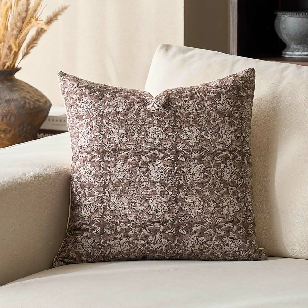 DOMVITUS Floral Pillow Covers 18x18 Throw Pillow Covers Block Print Vintage Decorative Neutral Pi... | Amazon (US)