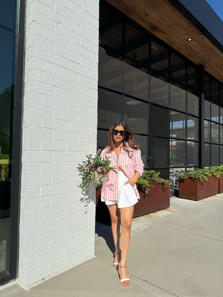 Oversized lightweight pink striped shirt—wearing small. 

Original shorts are sold out, but the pair I linked is almost identical. I wear a small. 

#target 

Sandals are comfortable with ~2” heel and perfect for summer  

#LTKstyletip #LTKSeasonal #LTKfindsunder100