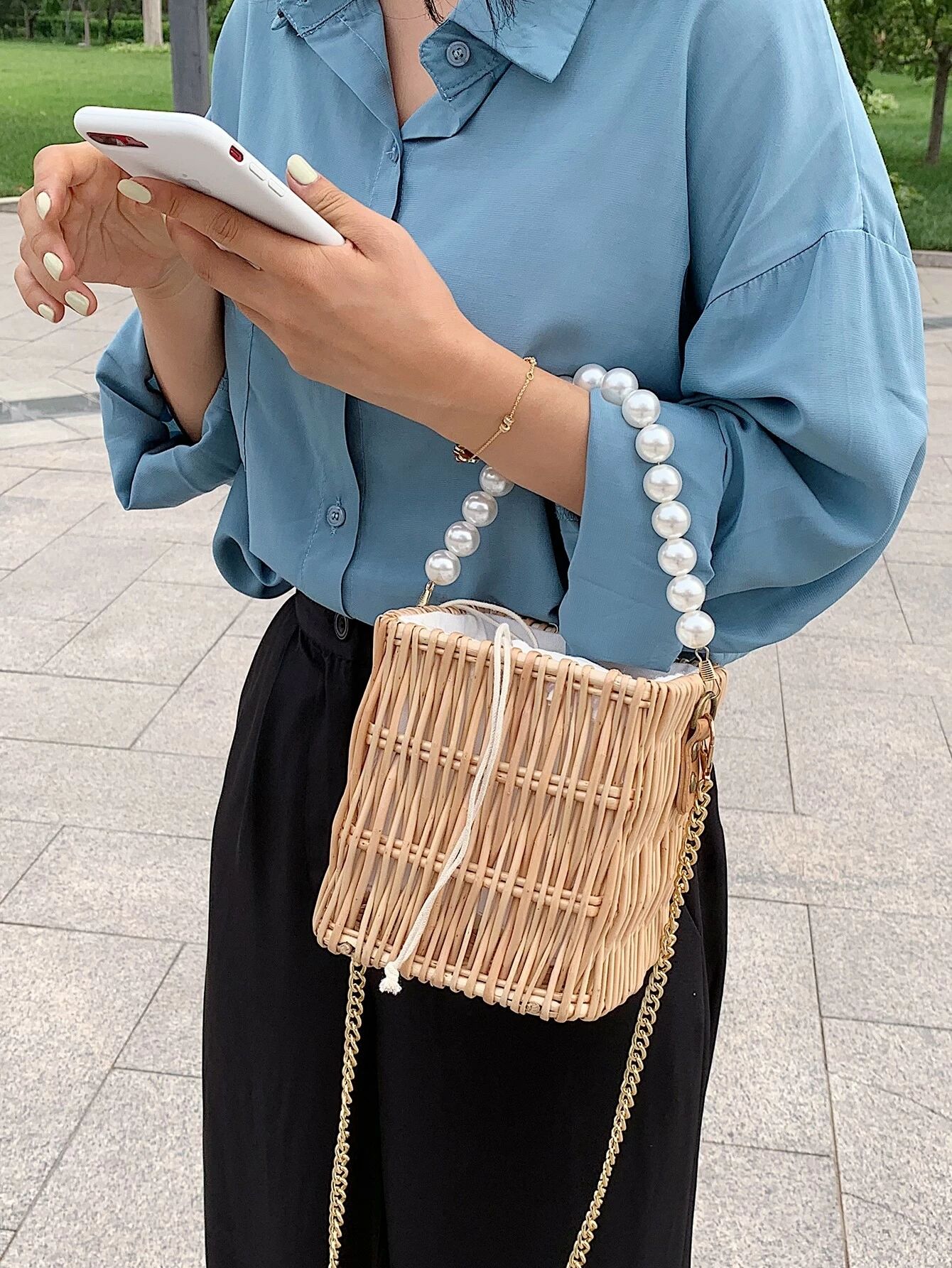 Faux Pearl Handle Rattan Woven Bucket Bag | SHEIN