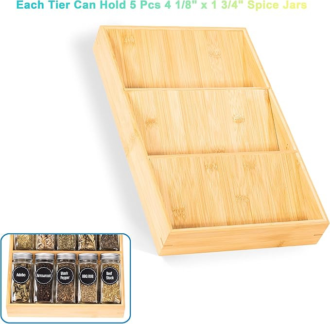 MillTu Bamboo Spice Rack Organizer for Drawer 3 Tier Bamboo Spice Tray Cabinet for Kitchen Storag... | Amazon (US)