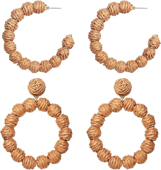 Rattan Earrings Boho Rattan Ball Hoop Earrings for Women Handmade Summer Beach Raffia Dangle Earr... | Amazon (US)