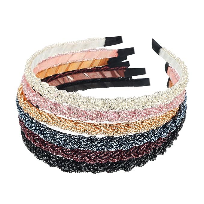 6 Pieces Beaded Hair Hoop Headband, Multiple color, 1.83 Count (Classic Colors) | Amazon (US)