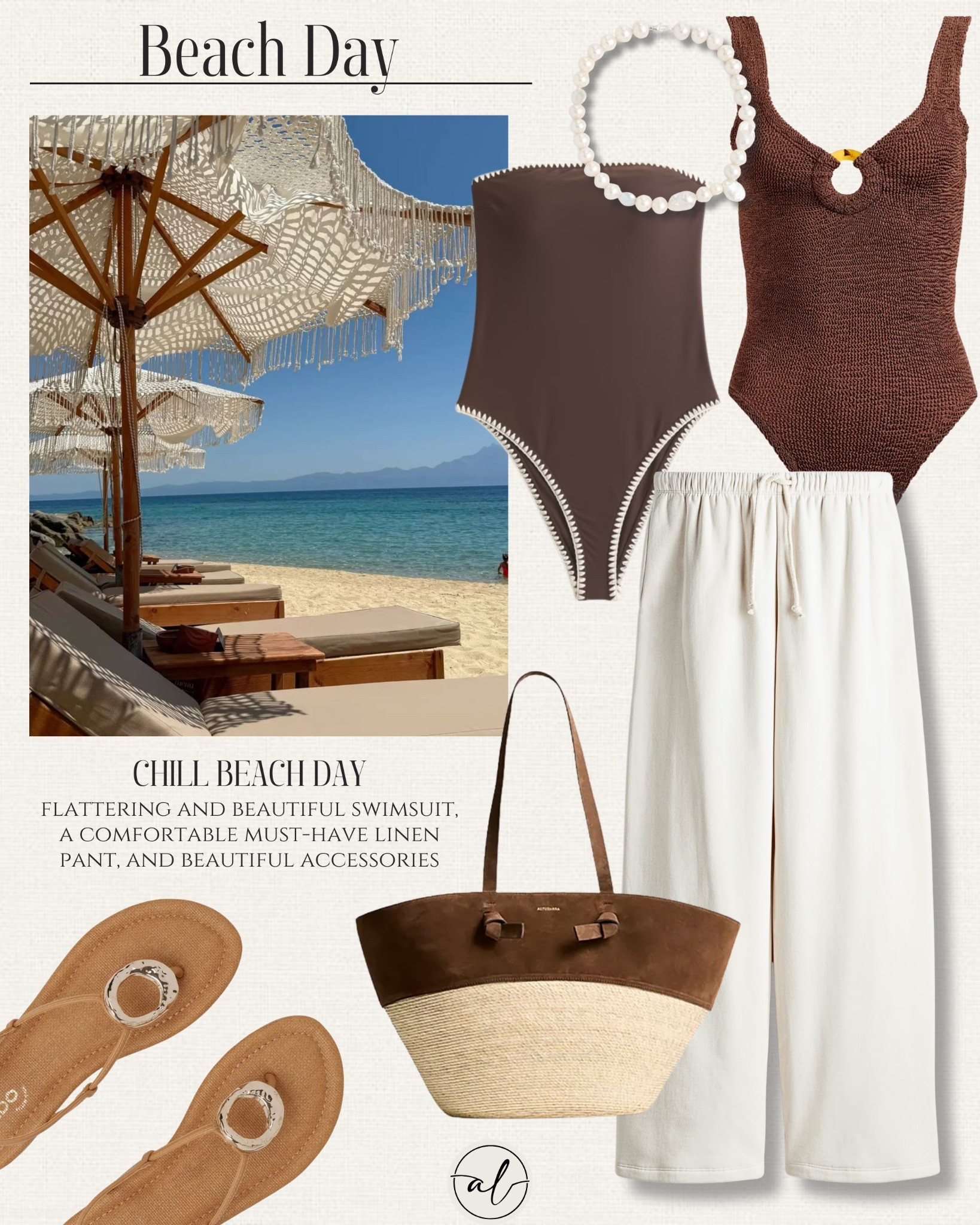 What to wear for a chill beach day - flattering and beautiful swimsuits, a comfortable summer must-have linen pants, beautiful straw tote bag, sandals. 
Brown swimwear, resort wear, beachwear, vacation 


#LTKgrwm #LTKootd #LTKU